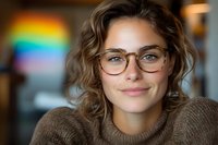 Young Caucasian woman with wavy brown hair wearing glasses and brown sweater smiling warmly at camera. Rainbow light effect in background creates positive atmosphere.