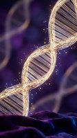 Golden DNA double helix structure with glowing particles on purple background for genetics research and biotechnology concepts.