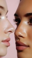 Close-up profile view of two diverse models with dewy, glowing skin and natural makeup showing flawless complexion and plump lips against pink background.