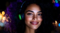 Young African American woman with natural curly hair wearing green headphones smiling confidently against dark background with colorful bokeh lights.