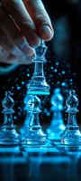 Glass chess pieces illuminated in ethereal blue light with magical sparkles and bokeh effects, hand moving king piece in dramatic strategic gameplay moment.