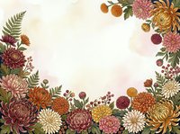 Autumn floral frame with chrysanthemums, dahlias and ferns on watercolor background for seasonal greeting cards and fall decorations.