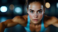 Young athletic woman with intense gaze and determined expression wearing turquoise sports bra during evening workout. Dark moody fitness portrait with bokeh lights.