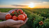 Fresh ripe tomatoes in farmer hands at sunset over agricultural field. Organic harvest concept for healthy eating and sustainable farming practices.