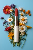 Red lipstick surrounded by fresh colorful wildflowers and daisies on bright blue background. Natural beauty and cosmetics flatlay composition.