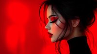 Asian woman with dramatic red makeup and black hair in profile against vibrant red background. Messy updo hairstyle and closed eyes create mysterious atmosphere.