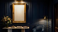 Elegant ornate gold mirror with decorative frame mounted on dark navy blue paneled wall in luxurious interior design setting with ambient lighting.