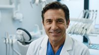 Mature male dentist with dark hair and Mediterranean ethnicity wearing white lab coat and blue scrubs, smiling in modern dental clinic with equipment and instruments in background.