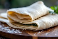 Fresh homemade pasta sheets folded on wooden cutting board with flour dusting, close up view showing soft texture and layers of uncooked dough.