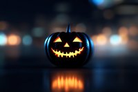 Glowing carved black pumpkin with scary face and yellow light inside on dark background with bokeh lights and reflection, Halloween holiday decoration.