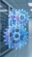 Digital holographic gears with blue neon wireframe design floating in modern tech environment for automation and engineering concepts.
