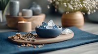 Healing crystals and natural elements arranged on wooden board with blue ceramic bowl, dried flowers and nuts creating zen atmosphere for wellness.