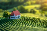 Small white house with red roof on green rolling hills landscape at sunset, miniature tilt-shift effect creates dreamy atmosphere for real estate or rural lifestyle concept.