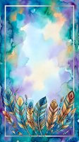 Watercolor background with decorative feathers and white frame border, isolated on transparent background, ready for greeting cards, invitations, posters, and design projects.