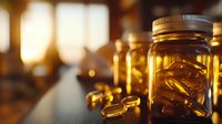 Amber glass jar filled with golden supplement capsules in warm sunlight, shallow depth of field creating atmospheric glow. Medical wellness concept.