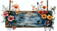 Rustic wooden sign with watercolor floral arrangement featuring pink and orange cosmos flowers, delicate leaves, and rope hanging detail on white background.