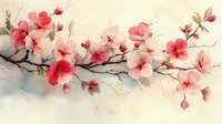 Delicate pink cherry blossoms branch with watercolor effect, soft petals and buds against subtle beige background, spring flowering tree composition.