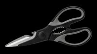 Stainless steel kitchen scissors with black ergonomic handles, isolated on transparent background. Ready for clipart, t-shirt design, print-on-demand, sublimation, and sticker applications.
