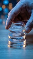 Hand holding glowing transparent disc with briefcase icon above stack of illuminated glass circles representing business data storage and digital file management.
