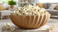Fresh popcorn in wooden bowl on table in cozy living room, ready for movie night snacking.