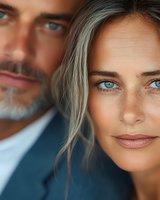 Close up portrait of mature man and young woman with striking blue eyes and freckles, representing business partnership or relationship. Soft natural lighting enhances facial features.