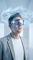 Young Caucasian businessman wearing VR goggles with futuristic holographic interface rings and digital data streams for technology innovation concepts.