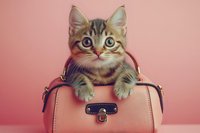 Tabby kitten with wide eyes perched on pink leather handbag against matching pink background, ready for pet, fashion and lifestyle design projects.