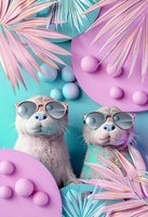 Stylish seals wearing sunglasses in pastel pink and turquoise setting with palm leaves and decorative spheres, modern summer fashion concept for social media and advertising.
