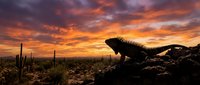 Iguana silhouette against dramatic orange sunset sky in desert landscape with cacti. Wildlife photography concept for nature and travel designs.