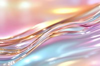 Flowing iridescent waves in pastel pink, gold and blue create ethereal abstract background with smooth metallic liquid texture and gentle curves.