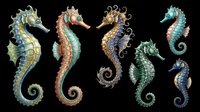 Six colorful detailed seahorses isolated on transparent background, ready for stickers, t-shirt design, print on demand, sublimation, and clipart use.