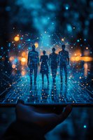 Digital silhouettes of business team on glowing network grid with connecting dots and lines, floating above hand against blue bokeh background with orange lights.