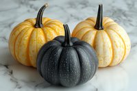 Black and orange striped pumpkins on marble background, seasonal autumn decor composition with decorative gourds for Halloween and fall celebrations.