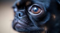 Close-up macro shot of black pug dog face with big brown eye and wrinkled nose against blurred background, showing detailed texture of fur and emotional expression.
