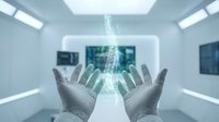 Scientist hands presenting holographic DNA double helix in modern laboratory with digital technology for medical research and genetic engineering applications.