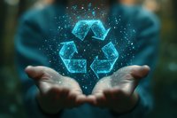 Glowing blue holographic recycling symbol floating above outstretched palms against dark background, representing environmental sustainability and waste management.