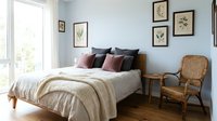 Cozy modern bedroom interior with neutral bedding, botanical wall art gallery, wicker chair and natural light from large window creating serene atmosphere.