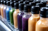 Colorful spice and seasoning bottles arranged in rows with black caps, displaying vibrant powders and granules for culinary cooking and food preparation.