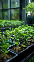 Young green seedlings growing in plastic containers with soil in greenhouse setting. Natural light through windows creates soft bokeh effect on fresh sprouts.