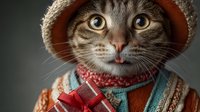 Adorable tabby cat wearing knitted winter hat and colorful scarf with tongue out, cozy pet portrait for holiday greeting cards and seasonal marketing.