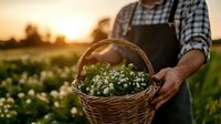 Farmer holding wicker basket full of fresh chamomile flowers at sunset in blooming field. Natural organic herbs harvesting in golden evening light.