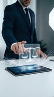 Professional businessman in dark suit touching holographic justice scales interface above digital tablet for legal technology and law firm applications.