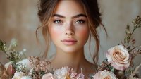Young woman with natural makeup and romantic updo hairstyle surrounded by delicate pink roses and spring flowers against soft blurred background.