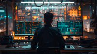 Silhouette of male programmer working late at computer monitors displaying code in dark office with ambient blue and orange lighting. Modern workplace atmosphere.