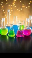 Colorful laboratory glassware with vibrant neon liquids on a reflective surface, bokeh golden lights in background, science chemistry concept.