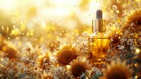 Glowing serum dropper bottle with sunflowers in magical golden sunset light, surrounded by sparkles and bokeh effects. Natural skincare concept for beauty products.