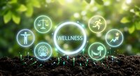 Wellness concept with glowing icons on natural green background. Health, fitness, balance and growth symbols emerging from soil with sunlight bokeh effect.