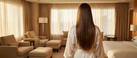 Woman in white bathrobe standing in luxury hotel suite with elegant furniture and warm lighting, relaxation and hospitality concept for spa and wellness.