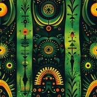 Mystical folk art pattern with vibrant green and yellow sun symbols, decorative floral elements and geometric shapes. Perfect for fabric, wallpaper and bohemian style designs.