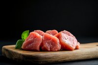 Fresh raw pork tenderloin pieces on wooden cutting board with basil leaf against dark background, close up view of meat preparation for cooking.